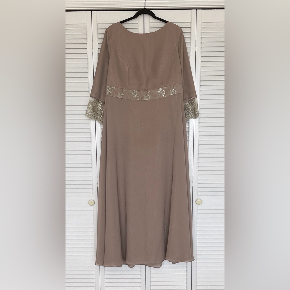 JJs House Elegant Long Sleeve Dress in Taupe with Lace Accents